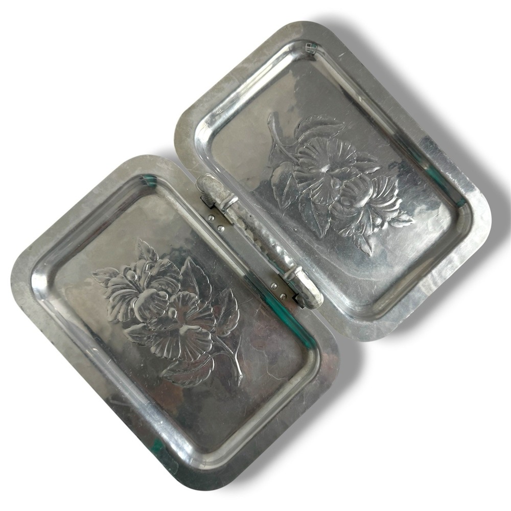 Vintage Aluminum Floral Hinged Serving Tray Folding MCM Mid Century Mod Hammered